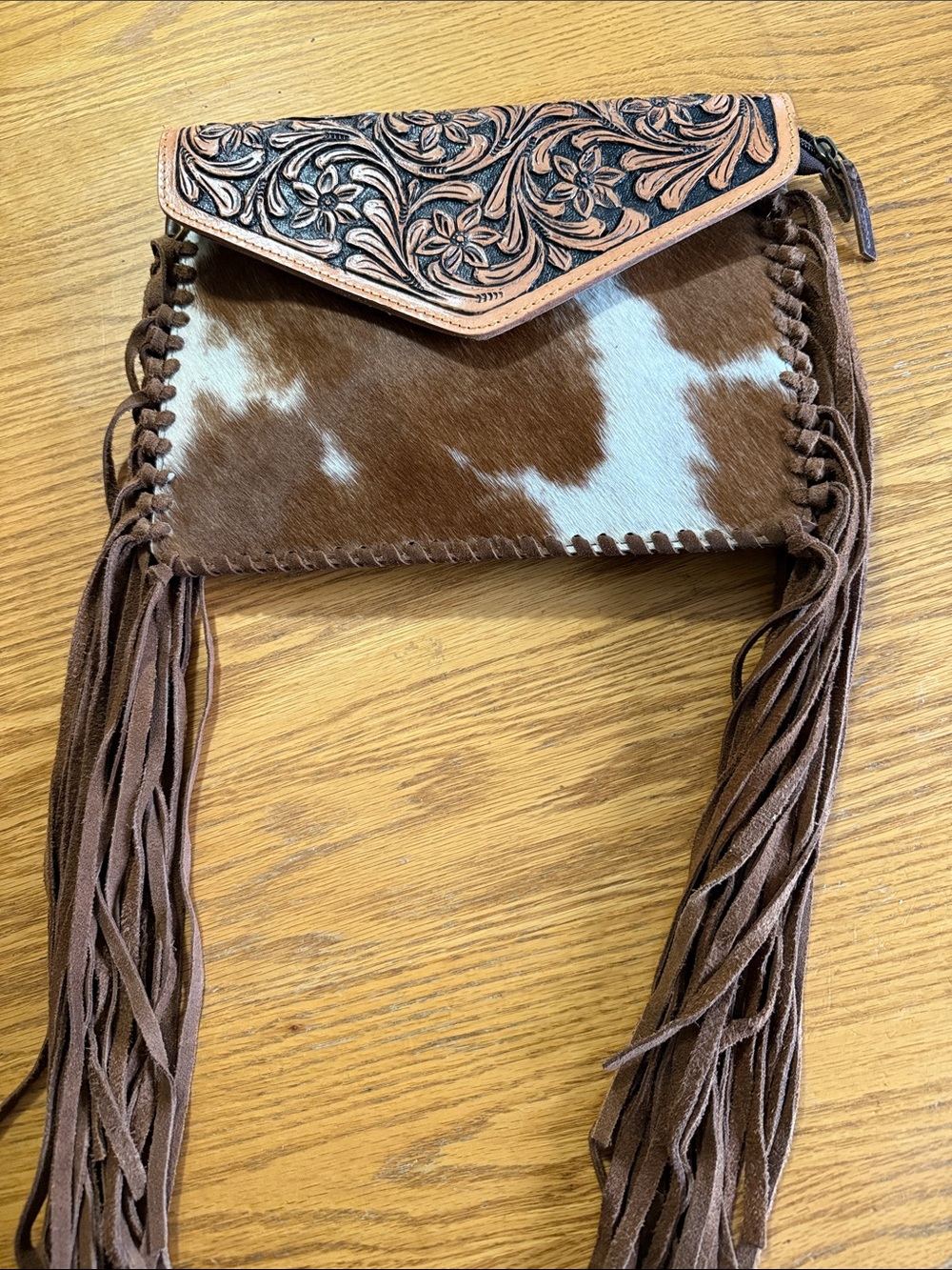 American Darling Brown & White Cowhide Fringe Crossbody with Tooled Leather Flap